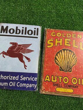 Set of 2 Retro Shell & Mobil Motor Oil Garage Gas Station Tin Signs 8x11.75" NEW